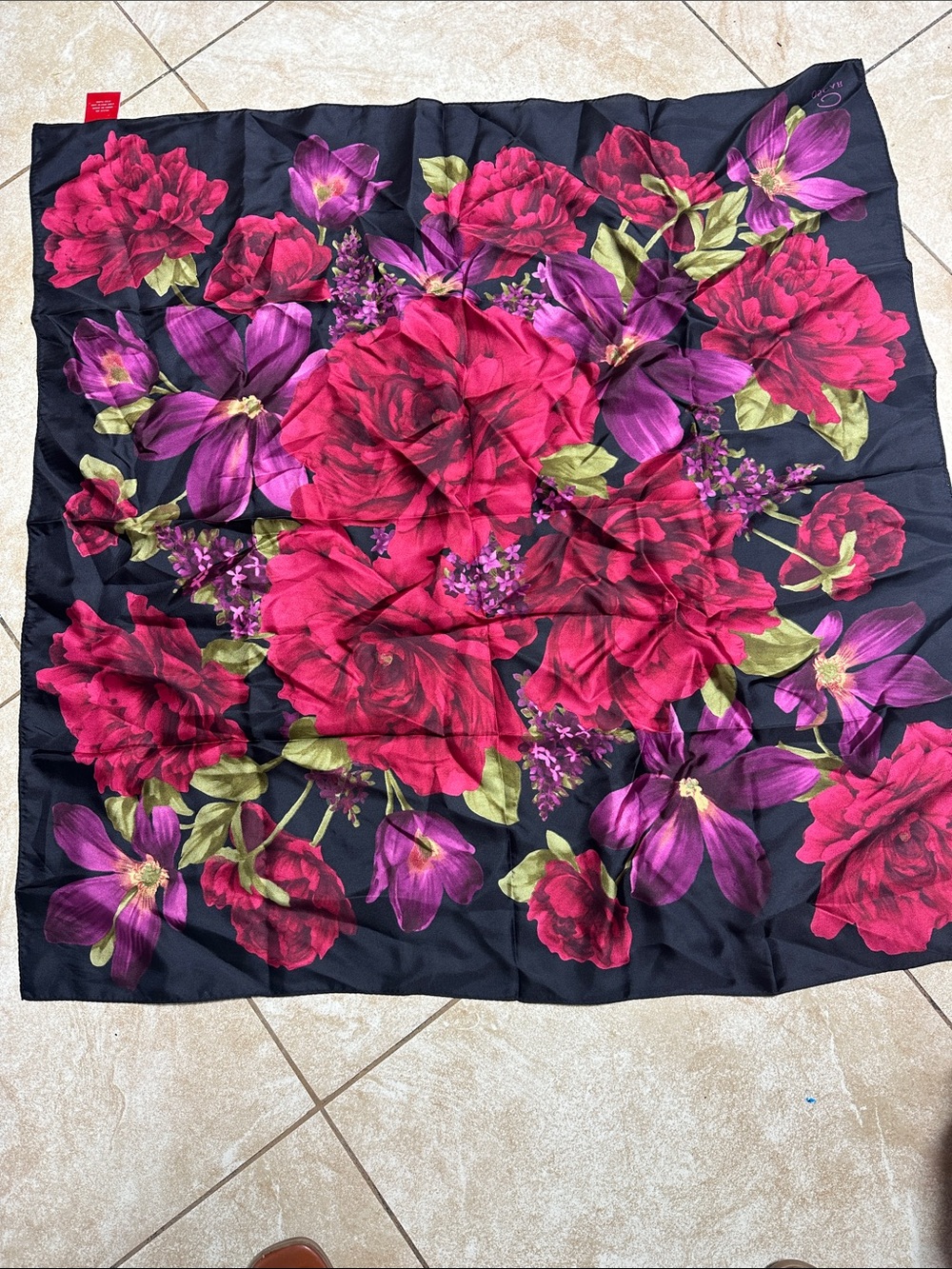 Oscar de la Renta Black Scarf with Pink and Purple Floral Print